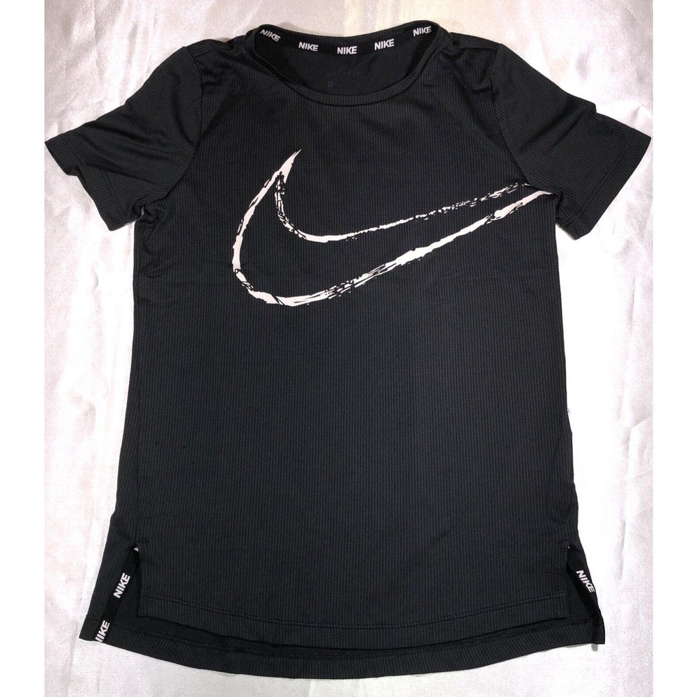 Nike Shirt Boys Black Dri-Fit Short Sleeve White Swoosh Logo Size M
